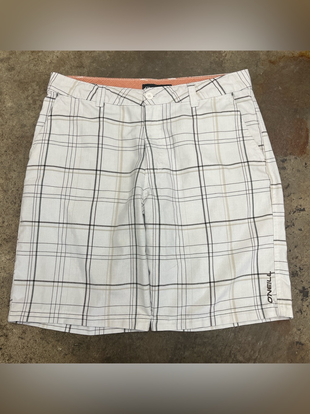 Y2K O’Neill Plaid Shorts Men’s 34 Cream Lightweight Surfer Streetwear Summer 00s
